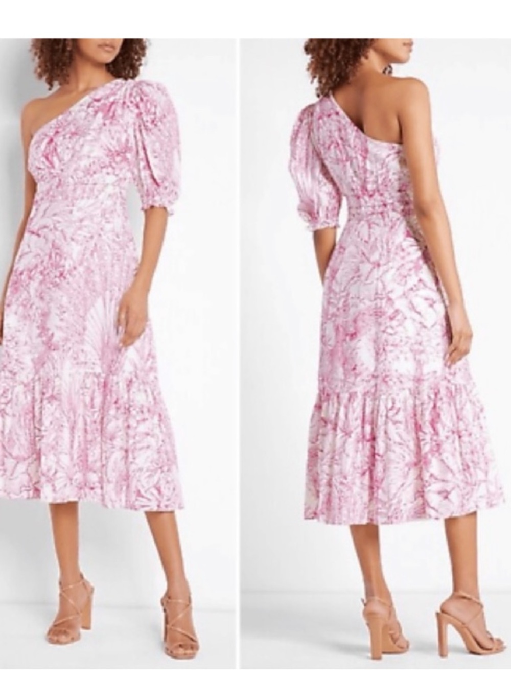 Express Printed One Shoulder Puff Sleeve Ruffle Hem Midi Dress Size xs